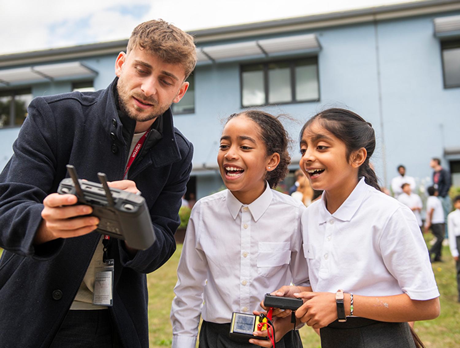 richard with churchfield students drone